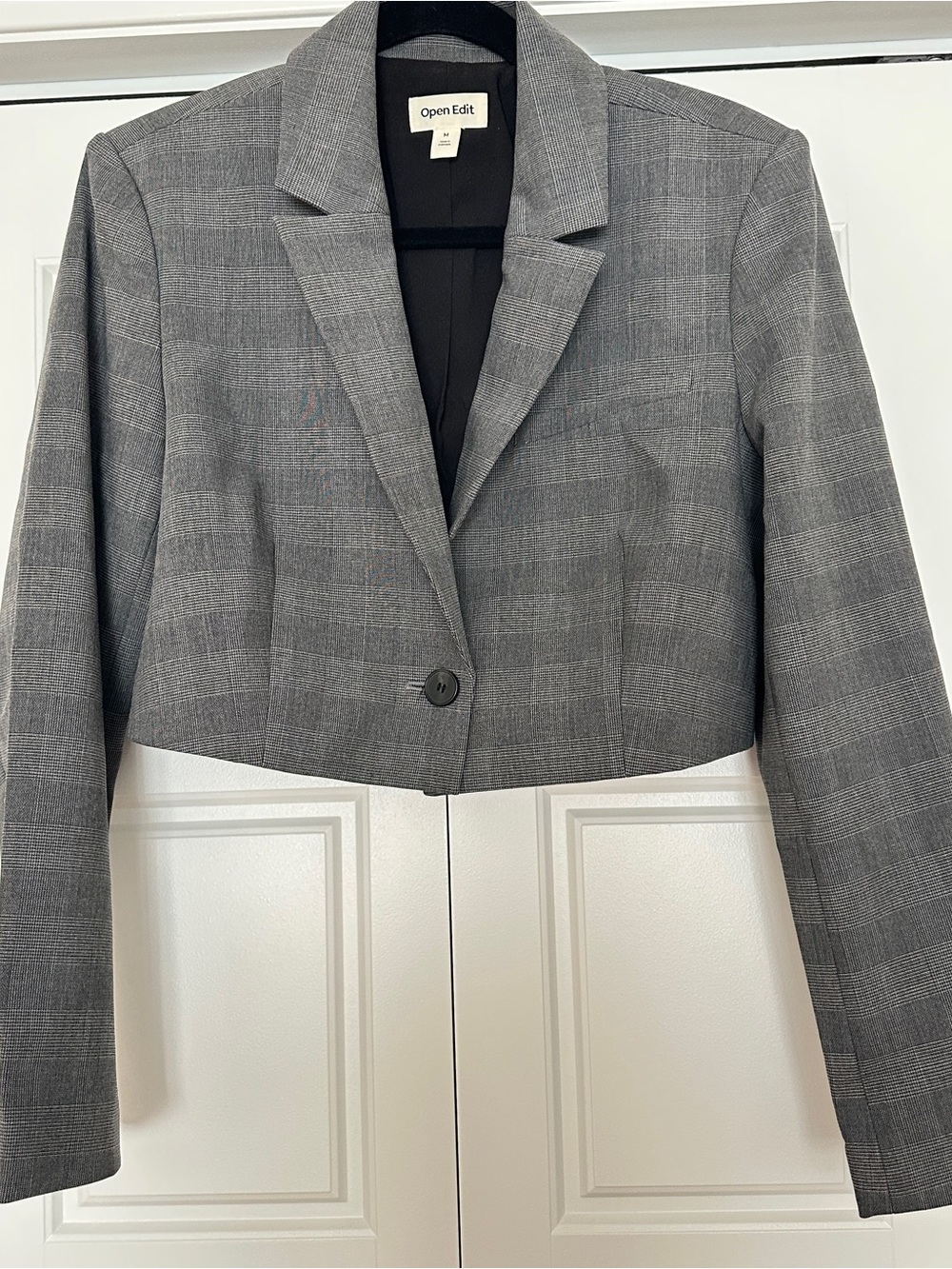 NEW Open Edit Structured Crop Blazer in Gray Glen Plaid, Sz M